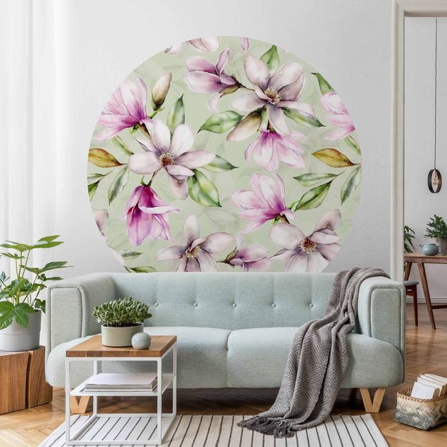 Self-adhesive round wallpaper - Magnolia Illustration On Mint Green