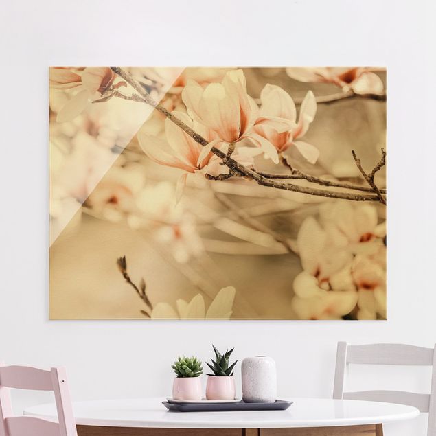 Glass print - Magnolia Twig Vintage Style - Landscape format