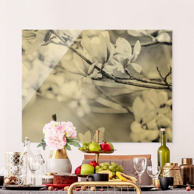 Glass print - Magnolia Twig Vintage Style II - Landscape format