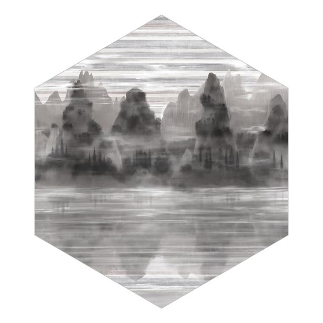Self-adhesive hexagonal wallpaper - Picturesque Mountains in Mystical Fog
