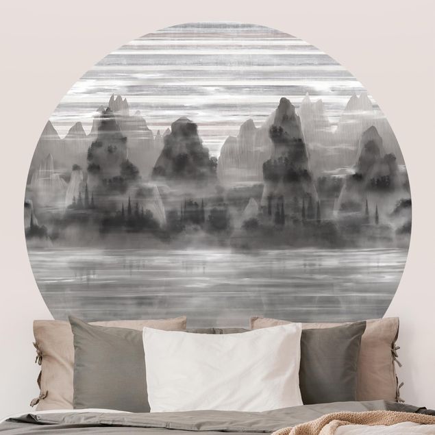 Self-adhesive round wallpaper - Picturesque Mountains in Mystical Fog