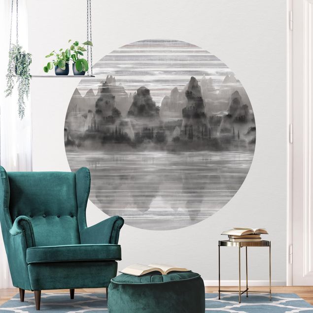 Self-adhesive round wallpaper - Picturesque Mountains in Mystical Fog
