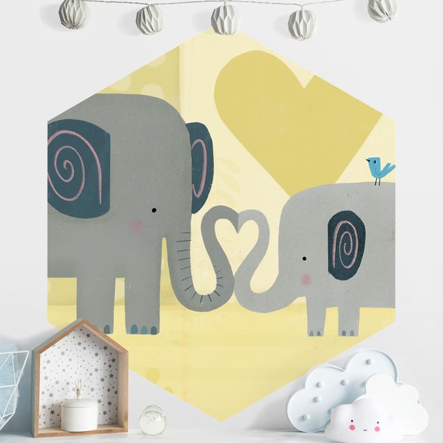 Hexagonal wall mural Mum And I - Elephants