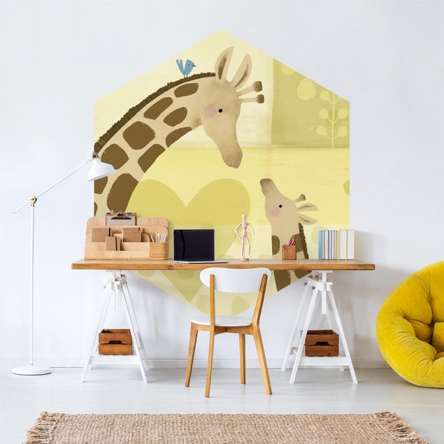 Self-adhesive hexagonal pattern wallpaper - Mum And I - Giraffes