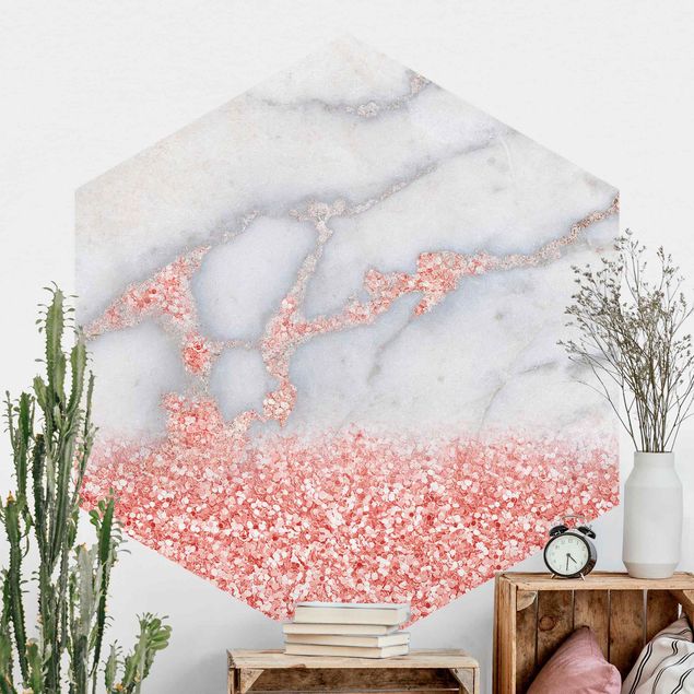 Hexagonal wall mural Marble Look With Pink Confetti