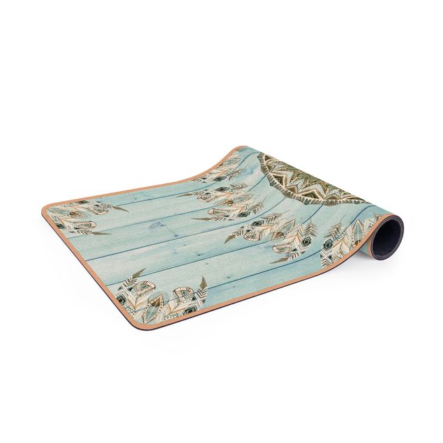 Yoga mat - Mandala Watercolour Feathers Blue Green Wooden Boards