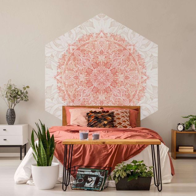 Self-adhesive hexagonal pattern wallpaper - Mandala Watercolour Ornament Beige Orange