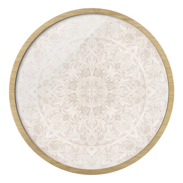 Circular framed print - Mandala Watercolour Ornament Beige