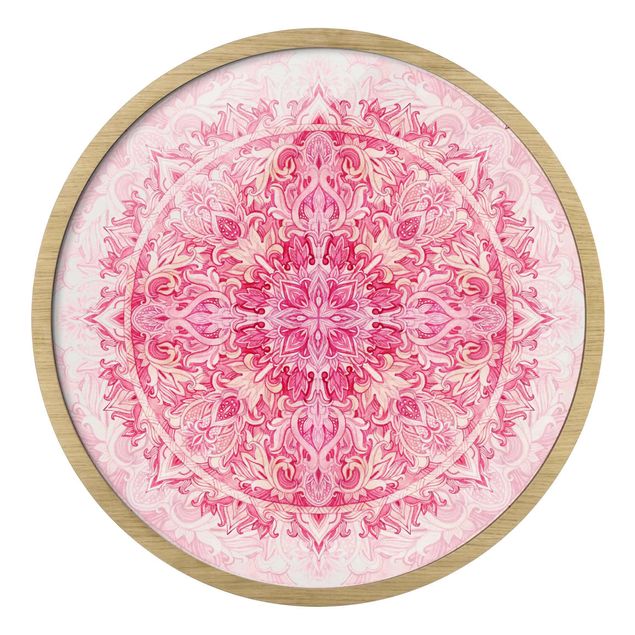 Circular framed print - Mandala Watercolour Ornament Pattern Pink