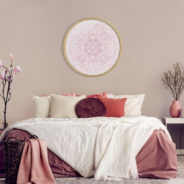 Circular framed print - Mandala Watercolour Ornament Pink