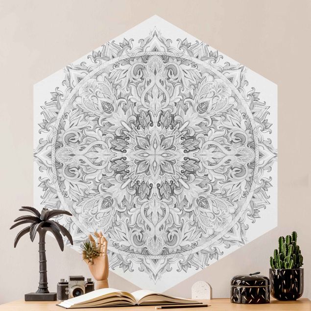 Self-adhesive hexagonal wall mural Mandala Watercolour Ornament Black And White