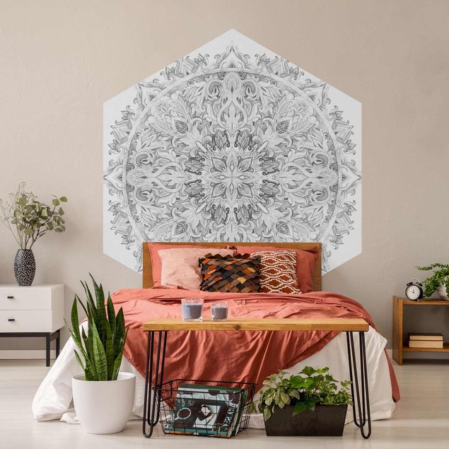 Self-adhesive hexagonal pattern wallpaper - Mandala Watercolour Ornament Black And White