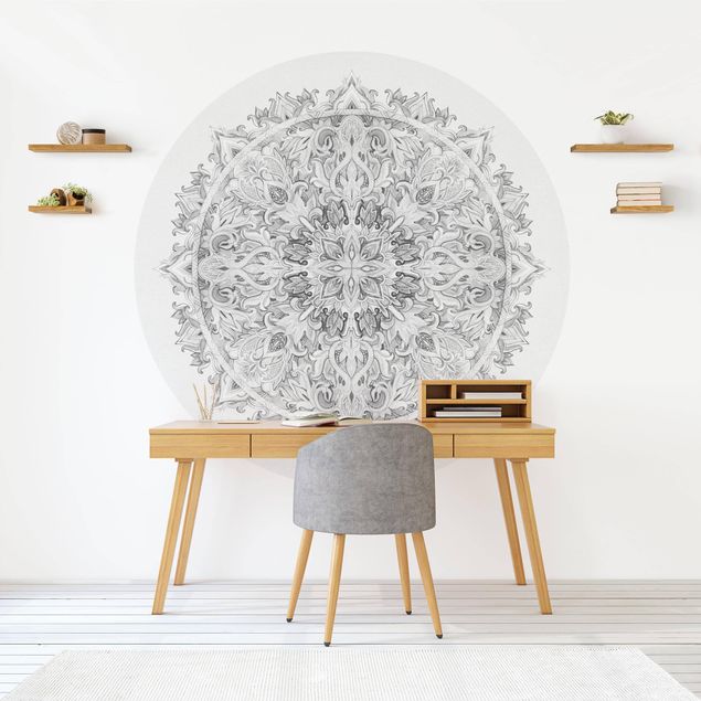 Self-adhesive round wallpaper - Mandala Watercolour Ornament Black And White