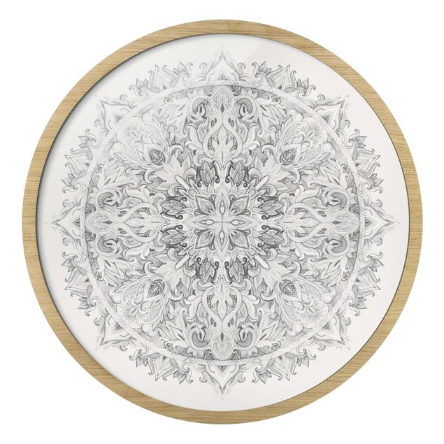 Circular framed print - Mandala Watercolour Ornament Black And White