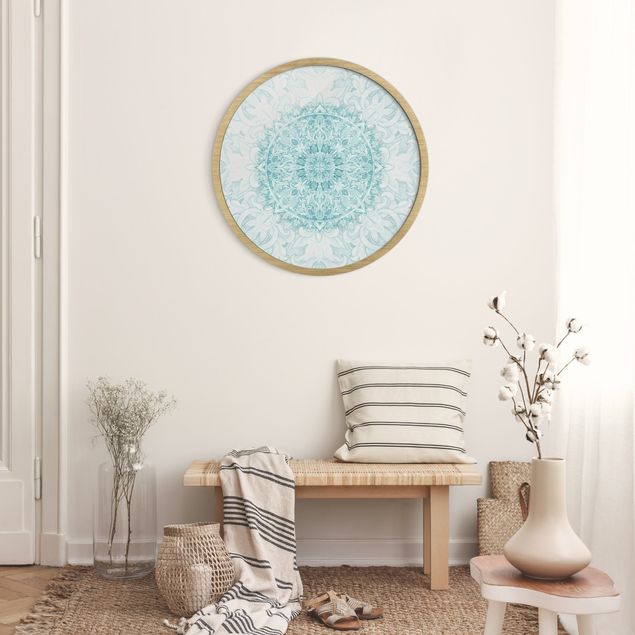 Circular framed print - Mandala Watercolour Ornament Turquoise