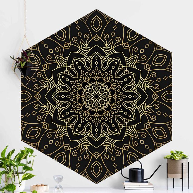 Hexagonal wallpapers Mandala Flower Pattern Gold Black