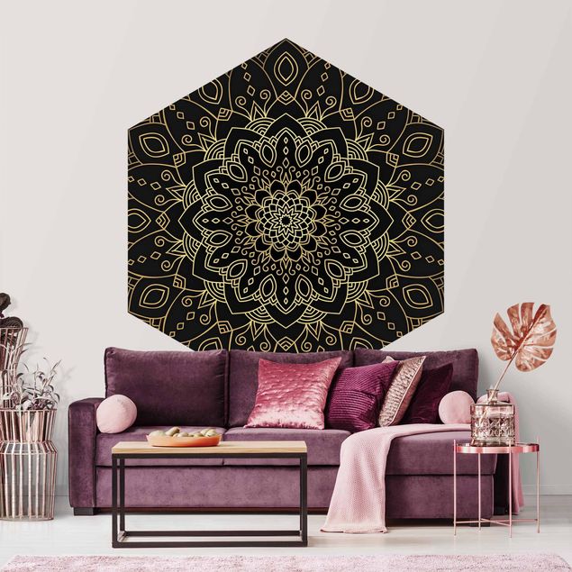 Self-adhesive hexagonal pattern wallpaper - Mandala Flower Pattern Gold Black