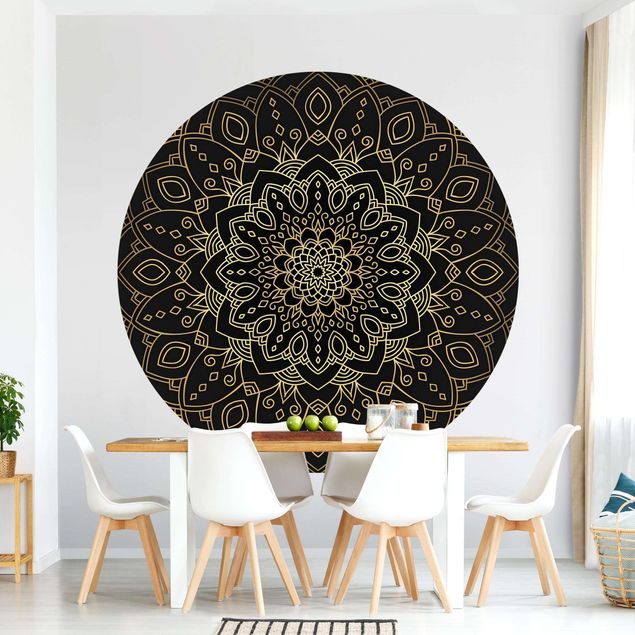 Self-adhesive round wallpaper - Mandala Flower Pattern Gold Black
