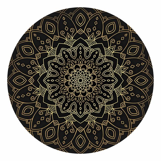 Self-adhesive round wallpaper - Mandala Flower Pattern Gold Black