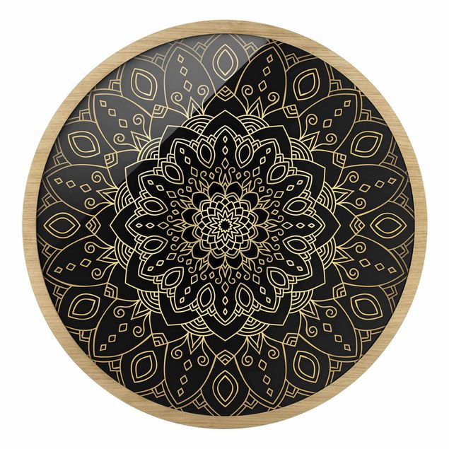 Circular framed print - Mandala Flower Pattern Gold Black