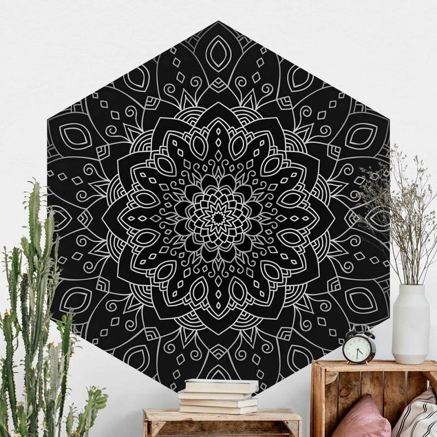 Hexagonal wallpapers Mandala Flower Pattern Silver Black