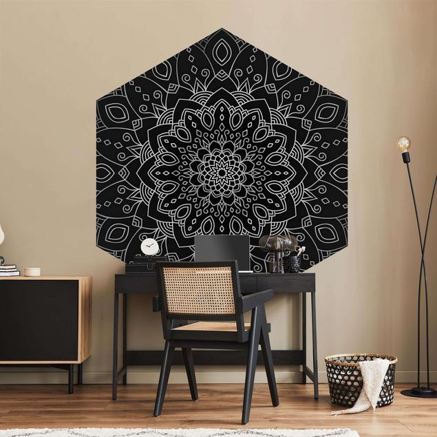 Self-adhesive hexagonal pattern wallpaper - Mandala Flower Pattern Silver Black