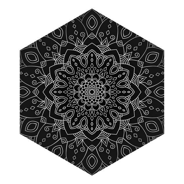 Self-adhesive hexagonal pattern wallpaper - Mandala Flower Pattern Silver Black
