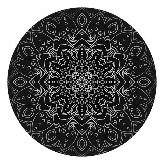 Self-adhesive round wallpaper - Mandala Flower Pattern Silver Black