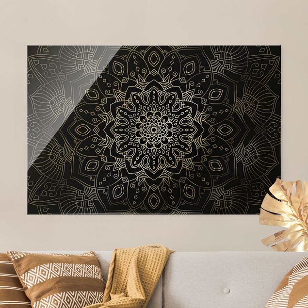 Glass print - Mandala Flower Pattern Silver Black - Landscape format