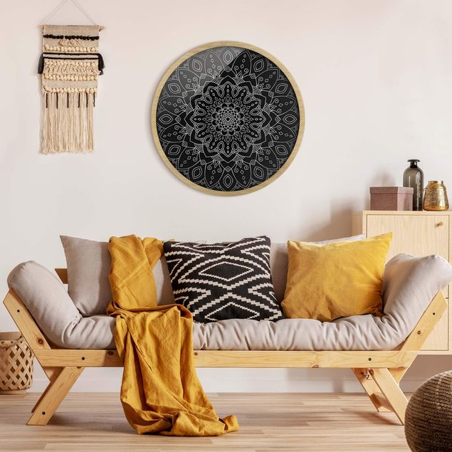 Circular framed print - Mandala Flower Pattern Silver Black
