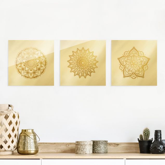 Glass print - Mandala Flower Sun Illustration Set Gold - 3 parts
