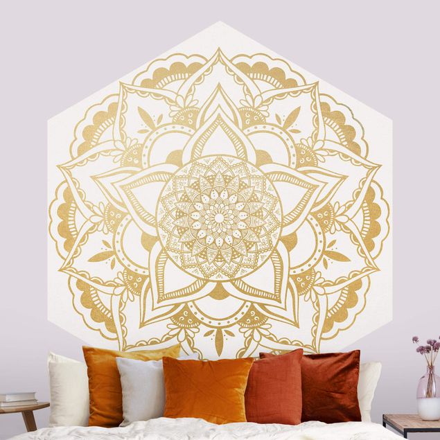 Hexagonal wallpapers Mandala Flower Gold White