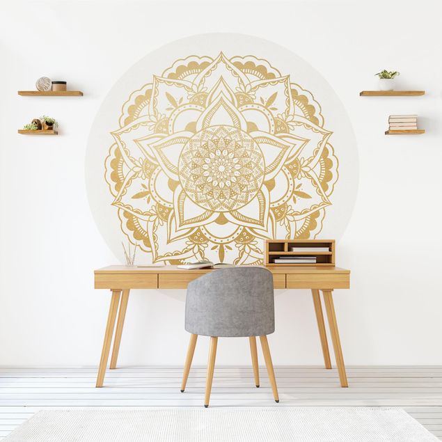Self-adhesive round wallpaper - Mandala Flower Gold White