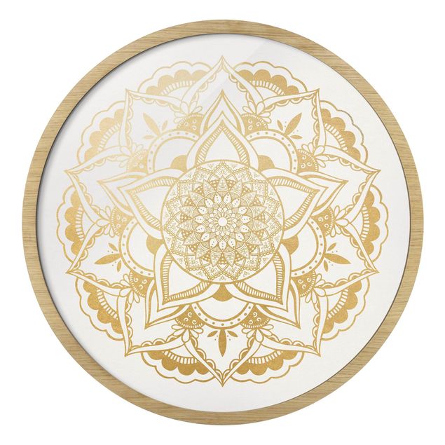 Circular framed print - Mandala Flower Gold White