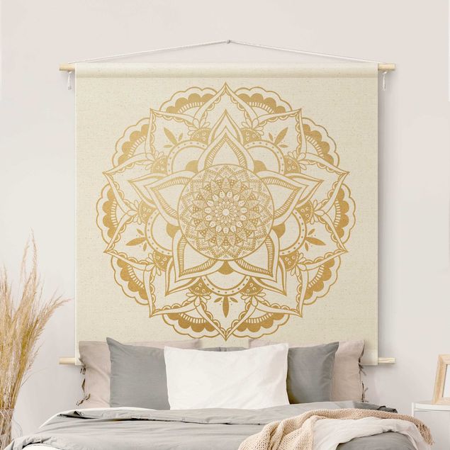 modern wall tapestry Mandala Flower Gold White