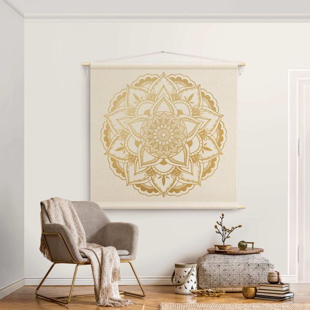 mandala wall tapestry Mandala Flower Gold White