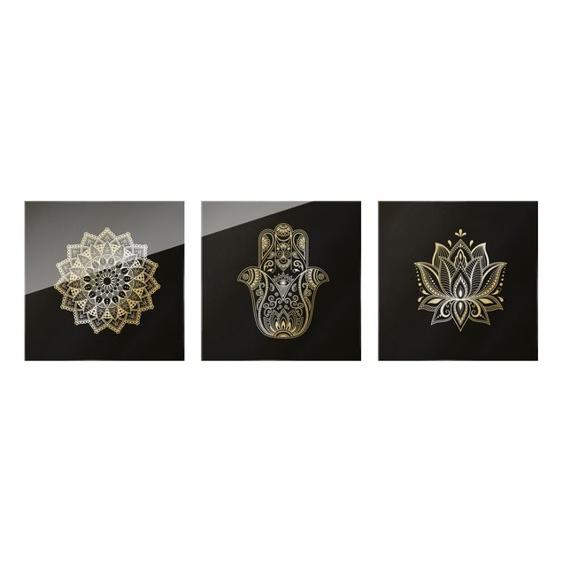 Glass print - Mandala Hamsa Hand Lotus Set On Black - 3 parts