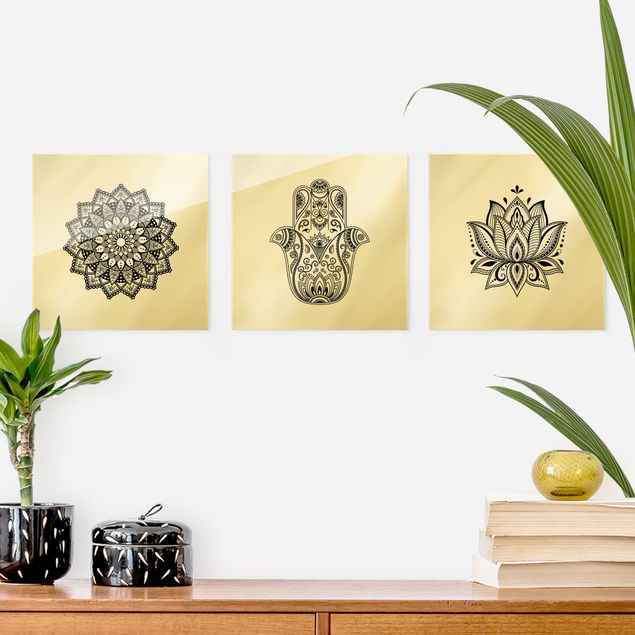 Glass print - Mandala Hamsa Hand Lotus Set On White - 3 parts