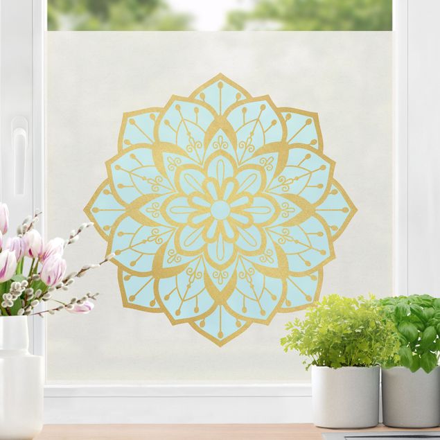 Window decoration - Mandala Illustration Flower Light Blue Gold