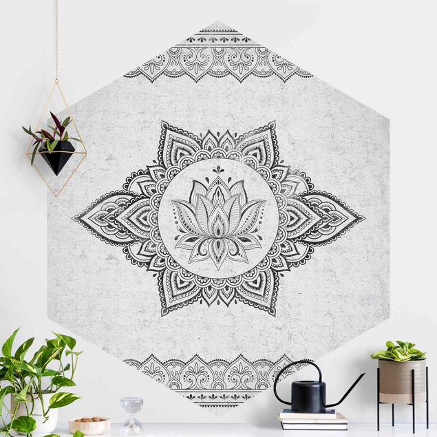 Hexagonal wall mural Mandala Lotus Concrete Look