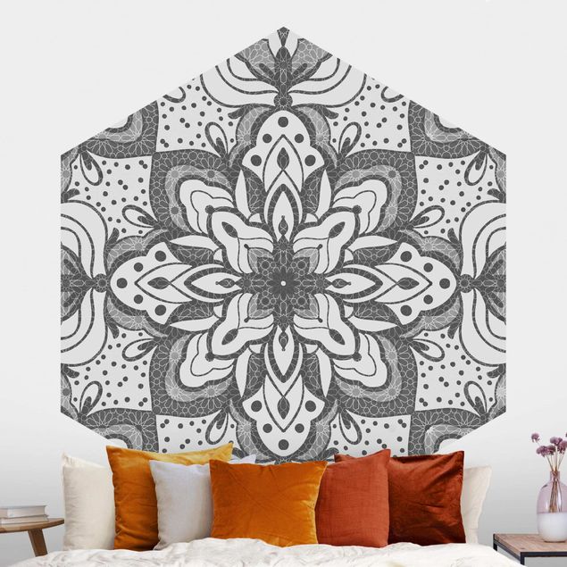 Hexagonal wall mural Mandala With Grid And Dots In Gray