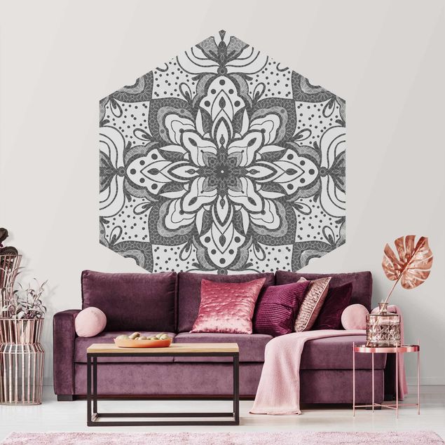 Self-adhesive hexagonal pattern wallpaper - Mandala With Grid And Dots In Gray