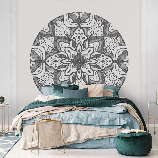 Self-adhesive round wallpaper - Mandala With Grid And Dots In Grey