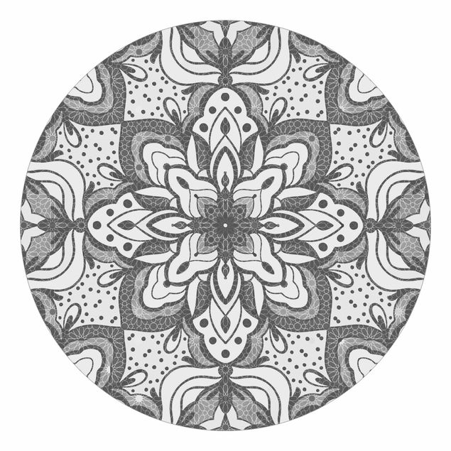 Self-adhesive round wallpaper - Mandala With Grid And Dots In Grey