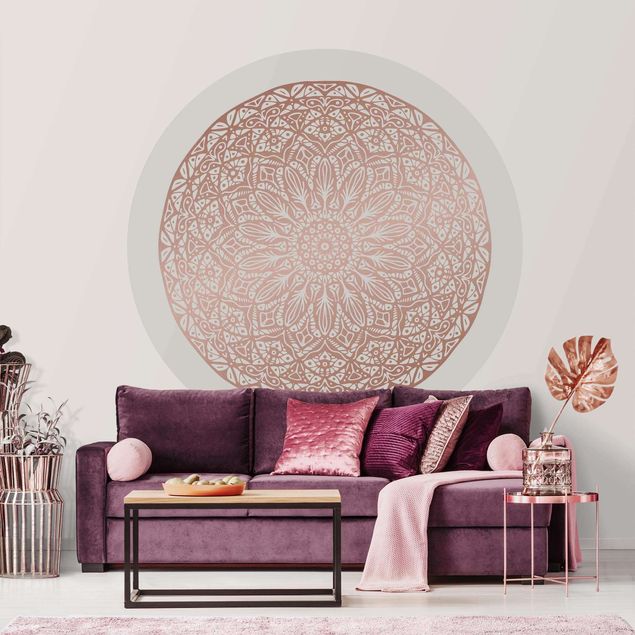 Self-adhesive round wallpaper - Mandala Ornament In Copper Gold