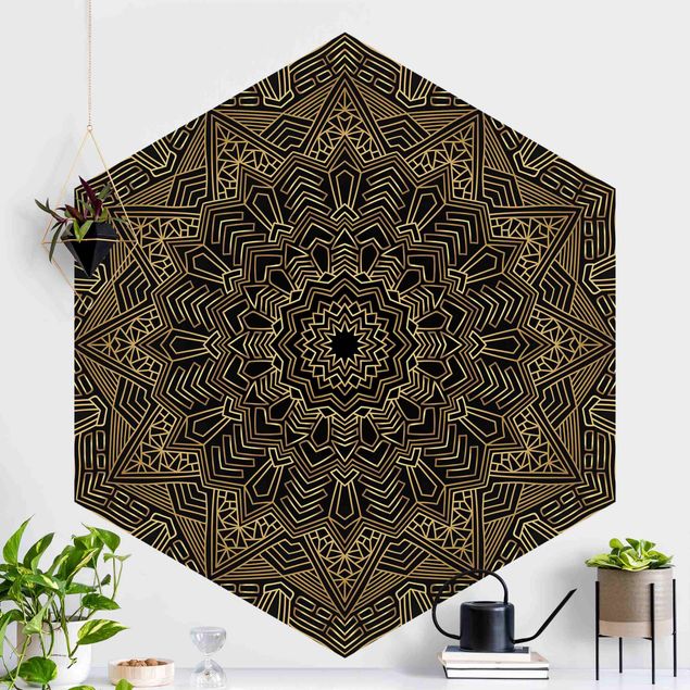 Self-adhesive hexagonal wall mural Mandala Star Pattern Gold Black