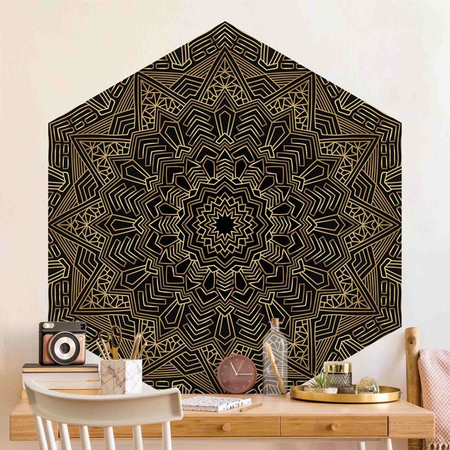 Wallpapers Mandala Star Pattern Gold Black