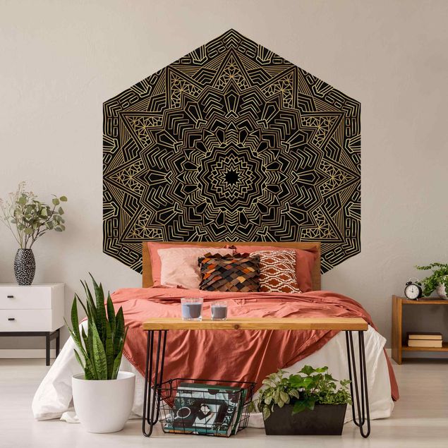 Self-adhesive hexagonal pattern wallpaper - Mandala Star Pattern Gold Black
