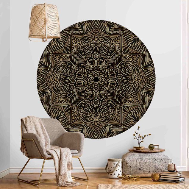 Self-adhesive round wallpaper - Mandala Star Pattern Gold Black
