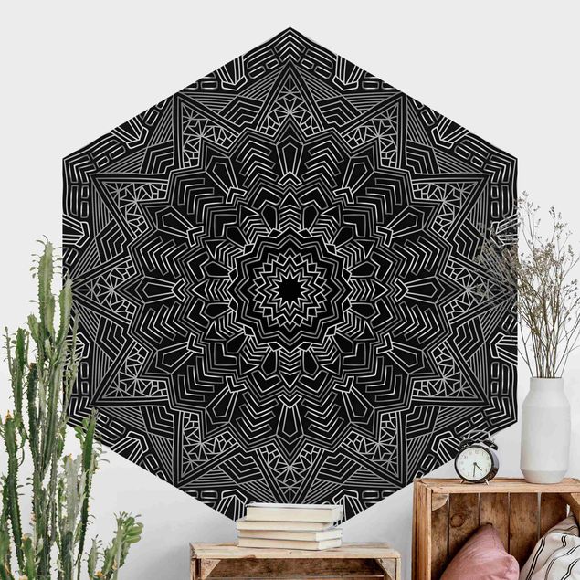 Self-adhesive hexagonal wall mural Mandala Star Pattern Silver Black